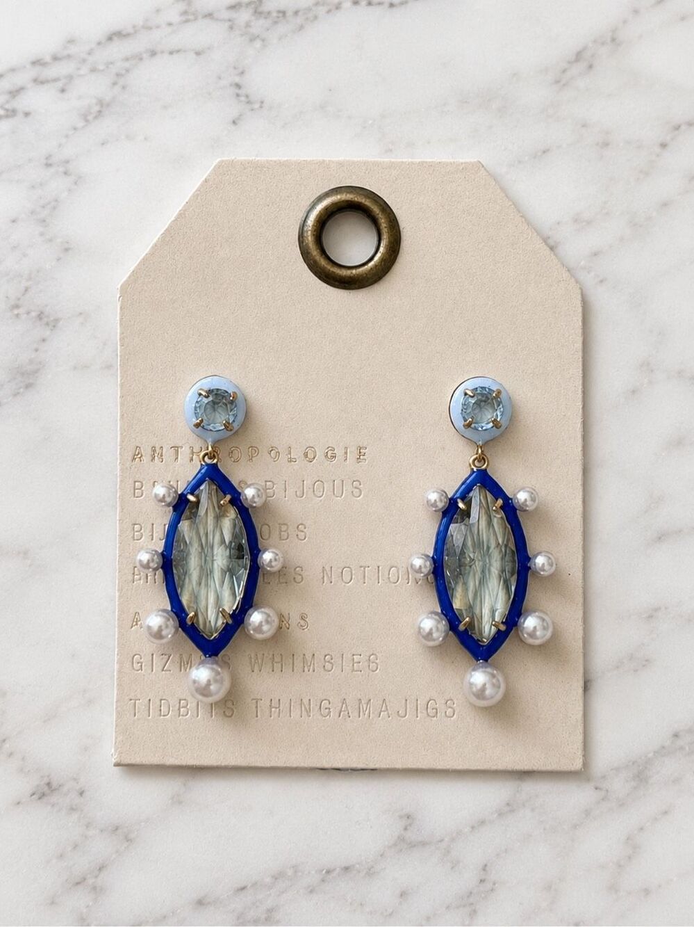 Anthropologie Blue Crystal & Faux Pearl Statement Drop Earrings
